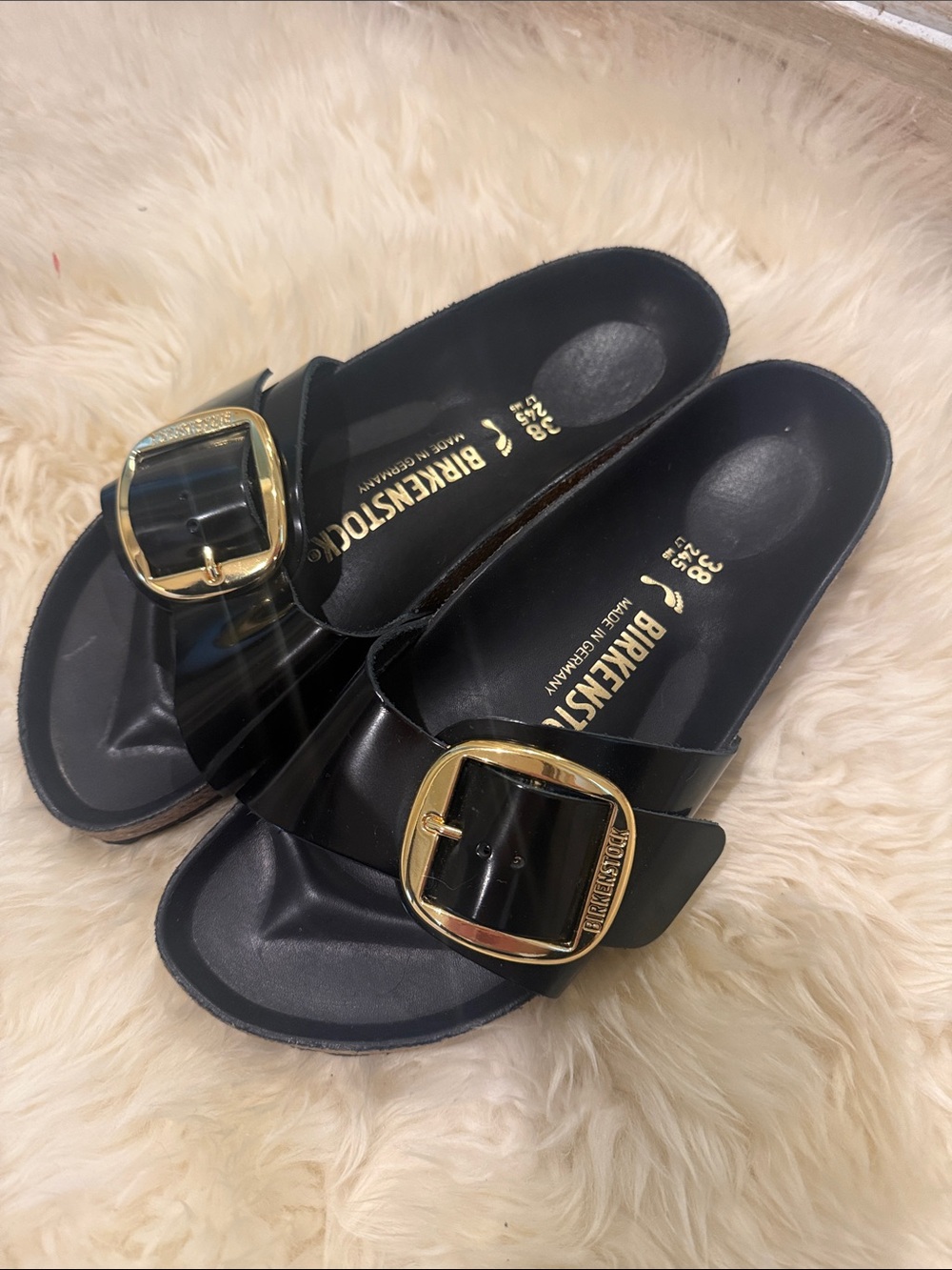 Birkenstock Black Patent Madrid Sandals with Gold Buckles
